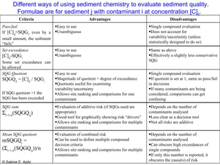 Different ways of using sediment chemistry to evaluate sediment quality. Formulae are for sediment j with contaminant i at concentration [C] ij .  Single compound evaluation Does not account for variability/uncertainty (unless statistically designed to do so) Easy to use Unambiguous Pass/fail   If  [C] ij >SQG i , even by a small amount, the sediment “fails” Disadvantages Advantages Criteria Same as above Effectively a slightly less conservative SQG Easy to use Unambiguous Set exceedance [C] ij -SQG i Some set exceedance can be allowed Single compound evaluation If quotient is set at 1, same as pass/fail in decisions If many contaminants are being considered, comparisons can get confusing Easy to use Magnitude of quotient = degree of exceedance Quotients useful for examining variability/uncertainty Allows site ranking and comparisons for one contaminant SQG Quotient   SQGQ ij  = [C] ij  / SQG i If SQG quotient >1 the SQG has been exceeded Depends on the number of contaminants analysed Less clear as a decision tool Not all risks are additive Evaluation of additive risk (if SQGs used are appropriate) Good tool for graphically showing risk “drivers” Allows site ranking and comparisons for multiple contaminants SQG sum    i=1-n (SQGQ ij ) Depends on the number of contaminants analysed Can obscure high exceedances of single compounds If only this number is reported, it obscures the cause(s) of risk Evaluation of combined risk Can be used to define multiple compound decision criteria Allows site ranking and comparisons for multiple contaminants Mean SQG quotient   mSQGQ j  =  (  i=1-n (SQGQ ij ))/n 