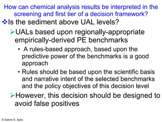How can chemical analysis results be interpreted in the screening and first tier of a decision framework? Is the sediment above UAL levels? UALs based upon regionally-appropriate empirically-derived PE benchmarks A rules-based approach, based upon the predictive power of the benchmarks is a good approach Rules should be based upon the scientific basis and narrative intent of the selected benchmarks and the policy objectives of this decision level However, this decision should be designed to avoid false positives   