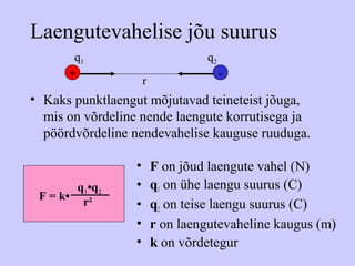 Laengutevahelise jõu suurus
• Kaks punktlaengut mõjutavad teineteist jõuga,
mis on võrdeline nende laengute korrutisega ja
pöördvõrdeline nendevahelise kauguse ruuduga.
• F on jõud laengute vahel (N)
• q1 on ühe laengu suurus (C)
• q2 on teise laengu suurus (C)
• r on laengutevaheline kaugus (m)
• k on võrdetegur
+ -
q1 q2
r
q1•q2
r²
F = k•
 