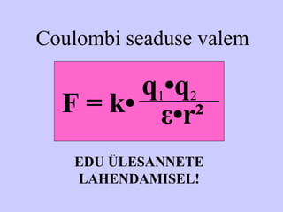 Coulombi seaduse valem
q1•q2
ε•r²F = k•
EDU ÜLESANNETE
LAHENDAMISEL!
 