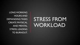 STRESS FROM
WORKLOAD
LONGWORKING
HOURS AND
DEMANDING TASKS
CREATE PHYSICAL
AND MENTAL
STRESS, LEADING
TO BURNOUT.
 