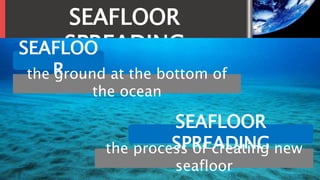SEAFLOOR
SPREADINGSEAFLOO
Rthe ground at the bottom of
the ocean
SEAFLOOR
SPREADINGthe process of creating new
seafloor
 