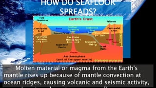 HOW DO SEAFLOOR
SPREADS?
Molten material or magma from the Earth's
mantle rises up because of mantle convection at
ocean ridges, causing volcanic and seismic activity,
 
