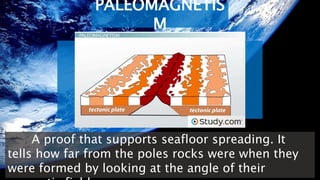 PALEOMAGNETIS
M
A proof that supports seafloor spreading. It
tells how far from the poles rocks were when they
were formed by looking at the angle of their
 