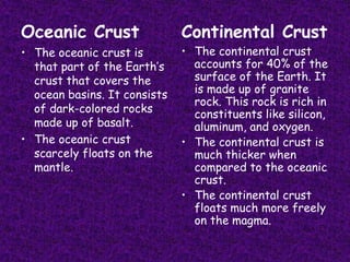 Oceanic Crust                 Continental Crust
• The oceanic crust is        • The continental crust
  that part of the Earth’s      accounts for 40% of the
  crust that covers the         surface of the Earth. It
  ocean basins. It consists     is made up of granite
                                rock. This rock is rich in
  of dark-colored rocks         constituents like silicon,
  made up of basalt.            aluminum, and oxygen.
• The oceanic crust           • The continental crust is
  scarcely floats on the        much thicker when
  mantle.                       compared to the oceanic
                                crust.
                              • The continental crust
                                floats much more freely
                                on the magma.
 