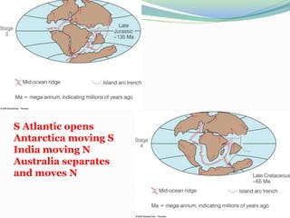 S Atlantic opens
Antarctica moving S
India moving N
Australia separates
and moves N
 