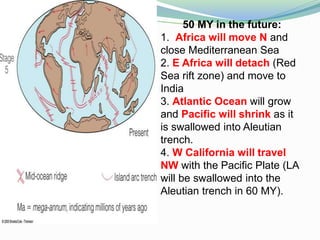 50 MY in the future:
1. Africa will move N and
close Mediterranean Sea
2. E Africa will detach (Red
Sea rift zone) and move to
India
3. Atlantic Ocean will grow
and Pacific will shrink as it
is swallowed into Aleutian
trench.
4. W California will travel
NW with the Pacific Plate (LA
will be swallowed into the
Aleutian trench in 60 MY).
 