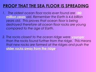 PROOF THAT THE SEA FLOOR IS SPREADING
1. The oldest ocean floor rocks ever found are 180
million years old. Remember the Earth is 4.6 billion
years old. This proves that ocean floor is being
destroyed therefore all ocean floor rocks are young
compared to the age of Earth.
2. The rocks closest to the ocean ridge were younger
than the rocks found further from the ridge. This means
that new rocks are formed at the ridges and push the
older rocks away from the ridge.
 
