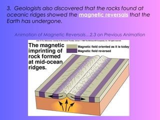 Animation of Magnetic Reversals…2.3 on Previous Animation
3. Geologists also discovered that the rocks found at
oceanic ridges showed the magnetic reversals that the
Earth has undergone.
 