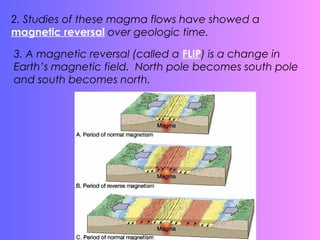 2. Studies of these magma flows have showed a
magnetic reversal over geologic time.
3. A magnetic reversal (called a FLIP) is a change in
Earth’s magnetic field. North pole becomes south pole
and south becomes north.
 