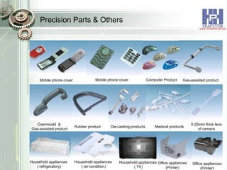 Precision Parts & Others Mobile phone cover Mobile phone cover Die-casting products Rubber product Overmould  &  Gas-assisted product Gas-assisted product Computer Product Household appliances  ( refrigeratory) 0.25mm think lens of camera Medical products Office appliances (Printer) Household appliances  ( air-condition) Household appliances  ( TV) Office appliances (Printer) 