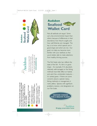 Seafood Wallet Card final                                                                                                                                    5/13/04                                                                4:46 PM   Page 1




                                                                                                                                                                                                                                       Audubon
                                                                                                                                                                                                                                       Seafood
                        Wallet Card                                                                                                                                                                                                    Wallet Card
                        Seafood

                                                                                                                                                                                                                                      Not all seafoods are equal: Some
          Audubon




                                                                                                                                                                                                                                      carry less environmental impact than
                                                                                                                                                                                                                                      others because of differences in their
                                                                                                                                                                                                                                      abundance, how they’re caught, and
                                                                                                                                                                                                                                      how well fisheries are managed. The
                                                                                                                                                                                                                                      key is to know which species are in
                                                                                                                                                                                                                                      good shape and which are not. Our
                                                                                                                                                                                                                                      goal is to help you become more
                                                                                                                                                                                                                                      familiar with your seafood, so that
                                                        and how you can help protect our




                                                                                                                                                                                                                                      you’re better able to make selections
                                                         great natural heritage, visit us at
                                                           To find out more about the
                                                            National Audubon Society




                                                                                                                                                                                                                                      from healthy, thriving sources.
                                                              www.audubon.org




                                                                                                                                                                                                                                      The Fish Scale color bar reflects the
                                                                                                                                                                                                                                      state of the fish. If a fish is in good
                                                                                                                                                                                                                                      shape – for example, if it’s abundant,
                                                                                                                                                                                                                                      relatively well-managed, or the fishing
                                                                                                                                                                                                                                      methods have little effect on habitat
                                                                                                                                                                                                                                      and catch few unintended creatures –
                                                                                                                                                                                                                                      it’s ranked green. If there are some
                                                                                                                                                                                                                                      concerns about a species’ status,
                                                                                                                                                                                                                                      fishing methods or management, it
  The Audubon Fish Scale makes it easy for
  you to make environmentally responsible




                                                                                                                                                                                                                                      ranks yellow. Species with significant
                                                                                                                                              a fish has a lot of problems — such
                                                                                        management puts it in the yellow category.
  The color scheme reflects the state of
  choices when shopping or dining out.


                                             ENJOY. Abundant, relatively well-managed



                                                                                        BE CAREFUL. Signficant concerns about a




                                                                                                                                                                                                                                      problems receive a red designation on
                                                                                                                                     management — it’s in the red category.
                                                                                                                                     as severe depletion, overfishing or poor
                                                                                        species’ status, fishing methods and/or




                                                                                                                                                                                                                                      our Fish Scale.
                                             species earn a green rating.




                                                                                                                                                                                    © Copyright 2004,The National Audubon Society




                                                                                                                                                                                                                                                SEAFOOD CHOICES
  the fish or shellfish.




                                                                                                                                                                                                                                              FOR A HEALTHY PLANET
                                                                                                                                     AVOID. If




                                                                                                                                                                                                                                                   Bringing conservation home.