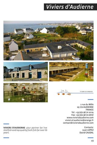 Viviers d’Audierne
Contacts:
Juan LOPeZ
David CAUDAL
1 rue du Môle
29 770 AUDIerNe
FrANCe
tel.: +33 (0)2 98 70 10 04
Fax: +33 (0)2 98 70 08 87
www.viviersdaudierne.com
viviers.d.audierne@orange.fr
contact@viviersdaudierne.com
15
VIVIERS D’AUDIERNE: your partner for live
shellfish and top quality fresh fish for over 50
years.
 