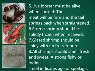 5.Live lobster must be alive
when cooked. The
meat will be firm and the tail
springs back when straightened.
6.Frozen shrimp should be
solidly frozen when received.
7.Glazed shrimp should be
shiny with no freezer burn.
8.All shrimps should smell fresh
and sweet. A strong fishy or
iodine
smell indicates age or spoilage.
 