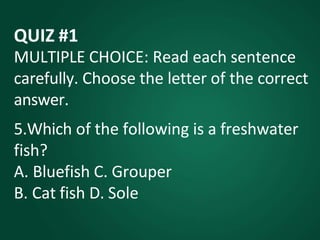 QUIZ #1
MULTIPLE CHOICE: Read each sentence
carefully. Choose the letter of the correct
answer.
5.Which of the following is a freshwater
fish?
A. Bluefish C. Grouper
B. Cat fish D. Sole
 