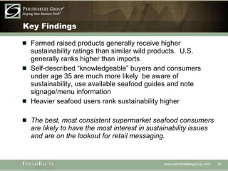 Key Findings Farmed raised products generally receive higher sustainability ratings than similar wild products.  U.S. generally ranks higher than imports Self-described “knowledgeable” buyers and consumers under age 35 are much more likely  be aware of sustainability, use available seafood guides and note signage/menu information Heavier seafood users rank sustainability higher The best, most consistent supermarket seafood consumers are likely to have the most interest in sustainability issues and are on the lookout for retail messaging.  