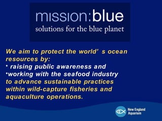 We aim to protect the world’s ocean resources by: raising public awareness and  working with the seafood industry  to advance sustainable practices  within wild-capture fisheries and  aquaculture operations. 
