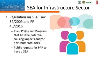 SEA for Infrastructure Sector
• Regulation on SEA: Law
32/2009 and PP
46/2016;
– Plan, Policy and Program
that has the potential
causing impacts and/or
environmental risks
– Public request for PPP to
have a SEA
 
