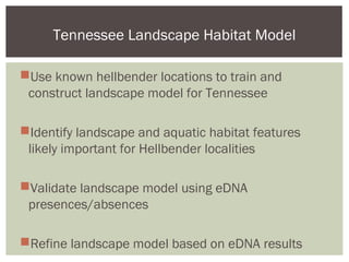 Tennessee Landscape Habitat Model
Use known hellbender locations to train and
construct landscape model for Tennessee
Identify landscape and aquatic habitat features
likely important for Hellbender localities
Validate landscape model using eDNA
presences/absences
Refine landscape model based on eDNA results
 