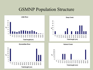 GSMNP Population Structure
Little River
0
5
10
15
20
25
30
<9
9-12
13-15
16-18
19-21
22-24
25-27
28-30
31-33
34-36
37-39
40-42
43-45
46-48
49-51
52-54
Total length(cm)
%
Deep Creek
0
5
10
15
20
25
30
<9
9-12
13-15
16-18
19-21
22-24
25-27
28-30
31-33
34-36
37-39
40-42
43-45
46-48
49-51
52-54
Total length (cm)
%
Oconaluftee River
0
5
10
15
20
25
30
35
<9
9-12
13-15
16-18
19-21
22-24
25-27
28-30
31-33
34-36
37-39
40-42
43-45
46-48
49-51
52-54
Total length (cm)
%
Noland Creek
0
5
10
15
20
25
30
35
<9
9-12
13-15
16-18
19-21
22-24
25-27
28-30
31-33
34-36
37-39
40-42
43-45
46-48
49-51
52-54
Total length (cm)
%
 
