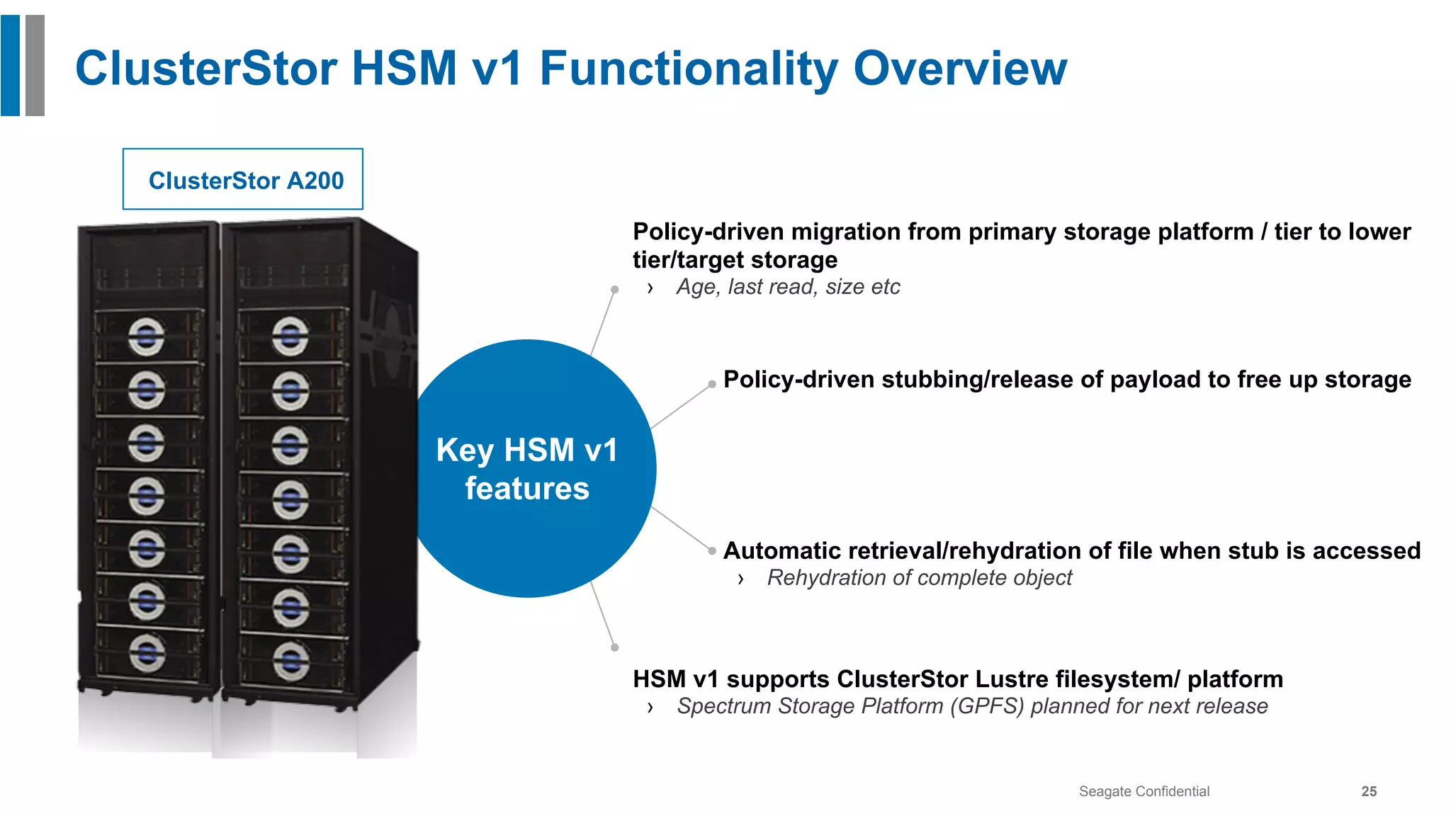 Seagate Confidential 25
Key HSM v1
features
Policy-driven migration from primary storage platform / tier to lower
tier/target storage
›  Age, last read, size etc
Policy-driven stubbing/release of payload to free up storage
Automatic retrieval/rehydration of file when stub is accessed
›  Rehydration of complete object
HSM v1 supports ClusterStor Lustre filesystem/ platform
›  Spectrum Storage Platform (GPFS) planned for next release
ClusterStor HSM v1 Functionality Overview
ClusterStor A200
 