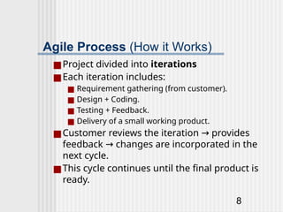 8
Agile Process (How it Works)
■Project divided into iterations
■Each iteration includes:
■ Requirement gathering (from customer).
■ Design + Coding.
■ Testing + Feedback.
■ Delivery of a small working product.
■Customer reviews the iteration provides
→
feedback changes are incorporated in the
→
next cycle.
■This cycle continues until the final product is
ready.
 