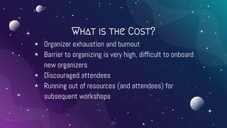 What is the Cost?
⋆ Organizer exhaustion and burnout
⋆ Barrier to organizing is very high, difficult to onboard
new organi...