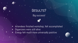 Results?
Big success!
⋆ Attendees finished workshop, felt accomplished
⋆ Organizers were still alive
⋆ Energy felt much mo...