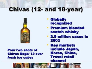 Chivas (12- and 18-year)
                        Globally
                         recognized
                        Premium blended
                         scotch whisky
                        2.9 million cases in
                         2003
                        Key markets
Pour two shots of        include Japan,
Chivas Regal 12 over     Korea, China,
fresh ice cubes          Travel retail
                         channel
 