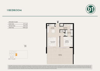 G+14
KEY PLAN
DISCLAIMER: All measurements, dimensions, coordinates and drawings given as the Floor Plans in this literature are approximate and provided only for the purpose of marketing, illustration, information and general guidance as such drawings are not to scale. All the rooms, sizes,
locations, orientations, dimensions, fixtures, fittings, finishes and specifications (including materials for, placement, size of rooms, windows, doors, balcony, furniture’s, inbuilt wardrobe etc.) provided in the floor plans may vary as the same have been taken from concept designs prior
to the actual development/construction and therefore their accuracy in relation to actual construction cannot be confirmed. Hence, we make no guarantee, warranty or representation as to the accuracy and completeness of the Floor plan information as changes may be made during
the development process, without notice. Always refer to latest IFC design available in the sales office for the most accurate representation of all construction details.
UNIT G01 | GROUND FLOOR
Suite Area: 611 sq.ft
Terrace Area: 443 sq.ft
Total Area: 1054 sq.ft
LAUN.
1.50X0.75
TERRACE
7.75X 5.05
LIVING/DINING
3.80 X 4.30
KITCHEN
2.30 X 2.65
DRESSING
2.30 X 1.85
BATHROOM
3.90 X 1.70
MASTER
BEDROOM
3.90 X 3.20
ENTRY
GROUND FLOOR
G01
1 BEDROOM
 