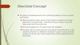 Directorial Concept
 This play is centered around the conflicting desires of love ,success,
and family.
 What should be taken away is that there is a balance of these
elements in a persons life, and that to focus more on one will
take away from the other two.

 All the protagonists in this play have this problem.
 This play will not center around one person the entire time, it will
rotate its attention to different character’s point of view and the
audience will see how they handle their conflict differently than
the others.

 