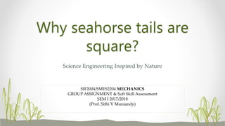 Why seahorse tails are
square?
Science Engineering Inspired by Nature
SIF2004/SMES2204 MECHANICS
GROUP ASSIGNMENT & Soft Skill Assessment
SEM I 2017/2018
(Prof. Sithi V Muniandy)
 