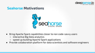 ● Bring Apache Spark capabilities closer to non code-savvy users
○ interactive Big Data analytics
○ speed up building Apache Spark applications
● Provide collaboration platform for data scientists and software engineers
Seahorse Motivations
 