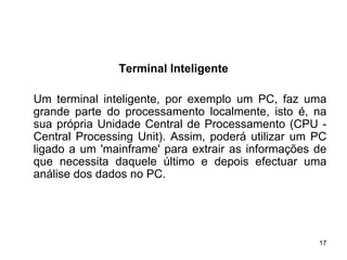 Terminal Inteligente

Um terminal inteligente, por exemplo um PC, faz uma
grande parte do processamento localmente, isto é, na
sua própria Unidade Central de Processamento (CPU -
Central Processing Unit). Assim, poderá utilizar um PC
ligado a um 'mainframe' para extrair as informações de
que necessita daquele último e depois efectuar uma
análise dos dados no PC.




                                                    17
 