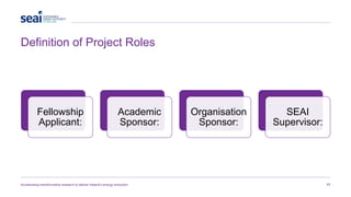 Definition of Project Roles
Accelerating transformative research to deliver Ireland’s energy revolution 17
Fellowship
Applicant:
Academic
Sponsor:
Organisation
Sponsor:
SEAI
Supervisor:
 