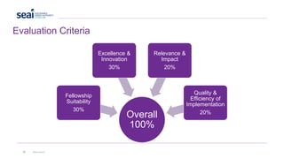 27 www.seai.ie
Evaluation Criteria
Overall
100%
Fellowship
Suitability
30%
Excellence &
Innovation
30%
Relevance &
Impact
20%
Quality &
Efficiency of
Implementation
20%
 