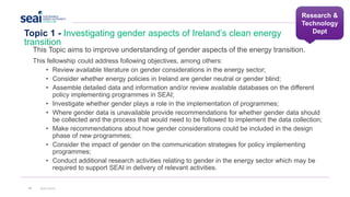This Topic aims to improve understanding of gender aspects of the energy transition.
This fellowship could address following objectives, among others:
• Review available literature on gender considerations in the energy sector;
• Consider whether energy policies in Ireland are gender neutral or gender blind;
• Assemble detailed data and information and/or review available databases on the different
policy implementing programmes in SEAI;
• Investigate whether gender plays a role in the implementation of programmes;
• Where gender data is unavailable provide recommendations for whether gender data should
be collected and the process that would need to be followed to implement the data collection;
• Make recommendations about how gender considerations could be included in the design
phase of new programmes;
• Consider the impact of gender on the communication strategies for policy implementing
programmes;
• Conduct additional research activities relating to gender in the energy sector which may be
required to support SEAI in delivery of relevant activities.
Topic 1 - Investigating gender aspects of Ireland’s clean energy
transition
31 www.seai.ie
Research &
Technology
Dept
 