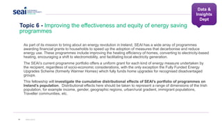 Topic 6 - Improving the effectiveness and equity of energy saving
programmes
36 www.seai.ie
As part of its mission to bring about an energy revolution in Ireland, SEAI has a wide array of programmes
awarding financial grants to households to speed up the adoption of measures that decarbonise and reduce
energy use. These programmes include improving the heating efficiency of homes, converting to electricity-based
heating, encouraging a shift to electromobility, and facilitating local electricity generation.
The SEAI’s current programme portfolio offers a uniform grant for each kind of energy measure undertaken by
the recipient, regardless of socio-economic considerations, with the only exception the Fully Funded Energy
Upgrades Scheme (formerly Warmer Homes) which fully funds home upgrades for recognised disadvantaged
groups.
This fellowship will investigate the cumulative distributional effects of SEAI’s portfolio of programmes on
Ireland’s population. Distributional effects here should be taken to represent a range of dimensions of the Irish
population, for example income, gender, geographic regions, urban/rural gradient, immigrant populations,
Traveller communities, etc.
Data &
Insights
Dept
 