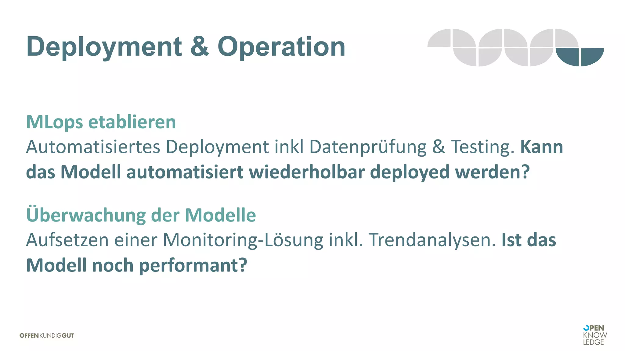 Deployment & Operation
MLops etablieren
Automatisiertes Deployment inkl Datenprüfung & Testing. Kann
das Modell automatisiert wiederholbar deployed werden?
Überwachung der Modelle
Aufsetzen einer Monitoring-Lösung inkl. Trendanalysen. Ist das
Modell noch performant?
 