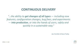 CONTINUOUS DELIVERY
“…the ability to get changes of all types — including new
features, configuration changes, bug fixes, and experiments
— into production, or into the hands of users, safely and
quickly in a sustainable way.“
Jez Humble & Dave Farley
 