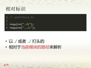 相对标识 
• 以./ 或者../ 打头的 
• 相对于当前模块的路径来解析 
 