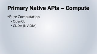 Primary Native APIs – Compute
•Pure Computation
•OpenCL
•CUDA (NVIDIA)
 
