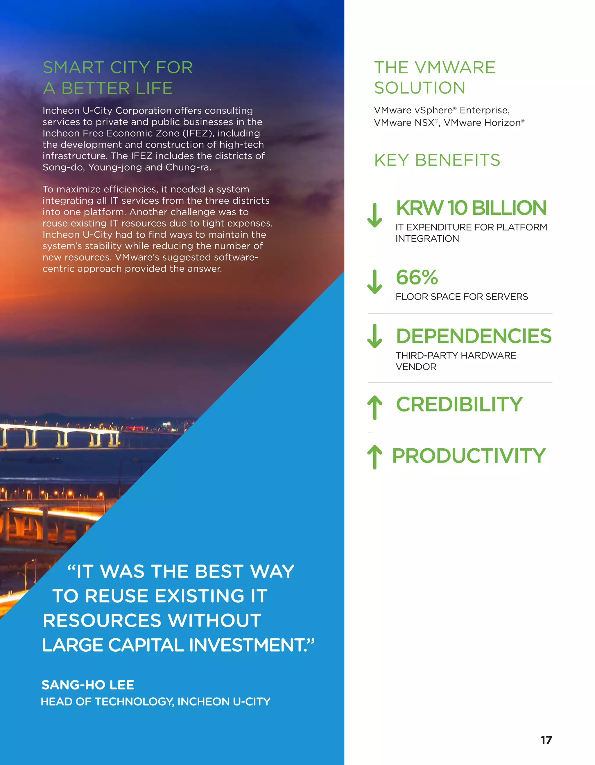 THE VMWARE
SOLUTION
VMware vSphere® Enterprise,
VMware NSX®, VMware Horizon®
KEY BENEFITS
KRW10BILLION
IT EXPENDITURE FOR PLATFORM
INTEGRATION
66%
FLOOR SPACE FOR SERVERS
DEPENDENCIES
THIRD-PARTY HARDWARE
VENDOR
CREDIBILITY
PRODUCTIVITY
SMART CITY FOR
A BETTER LIFE
Incheon U-City Corporation offers consulting
services to private and public businesses in the
Incheon Free Economic Zone (IFEZ), including
the development and construction of high-tech
infrastructure. The IFEZ includes the districts of
Song-do, Young-jong and Chung-ra.
To maximize efficiencies, it needed a system
integrating all IT services from the three districts
into one platform. Another challenge was to
reuse existing IT resources due to tight expenses.
Incheon U-City had to find ways to maintain the
system’s stability while reducing the number of
new resources. VMware’s suggested software-
centric approach provided the answer.
“IT WAS THE BEST WAY
TO REUSE EXISTING IT
RESOURCES WITHOUT
LARGE CAPITAL INVESTMENT.”
SANG-HO LEE
HEAD OF TECHNOLOGY, INCHEON U-CITY
17
 