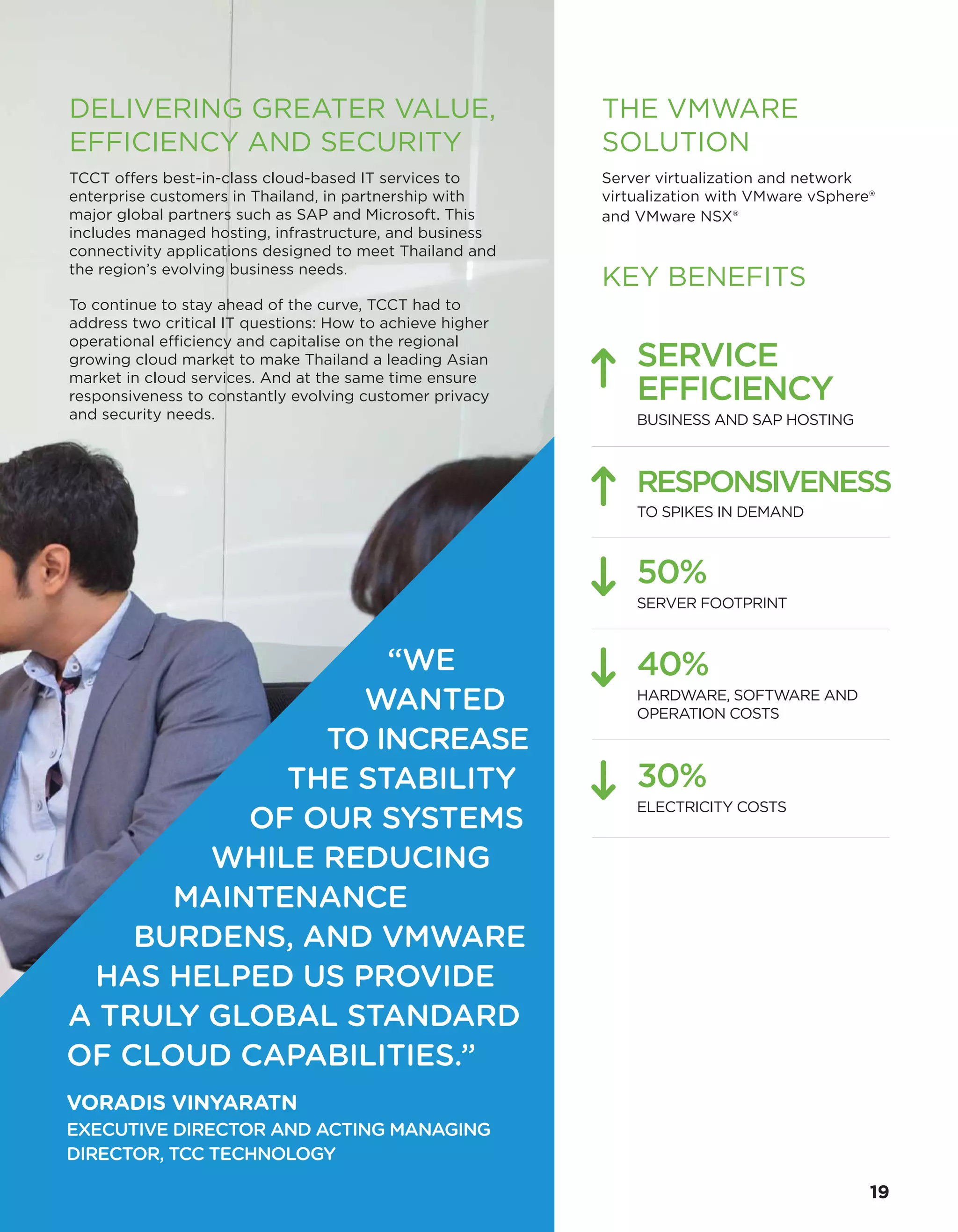 THE VMWARE
SOLUTION
Server virtualization and network
virtualization with VMware vSphere®
and VMware NSX®
KEY BENEFITS
SERVICE
EFFICIENCY	
BUSINESS AND SAP HOSTING
50%
SERVER FOOTPRINT
RESPONSIVENESS
TO SPIKES IN DEMAND
40%
HARDWARE, SOFTWARE AND
OPERATION COSTS
DELIVERING GREATER VALUE,
EFFICIENCY AND SECURITY
TCCT offers best-in-class cloud-based IT services to
enterprise customers in Thailand, in partnership with
major global partners such as SAP and Microsoft. This
includes managed hosting, infrastructure, and business
connectivity applications designed to meet Thailand and
the region’s evolving business needs.
To continue to stay ahead of the curve, TCCT had to
address two critical IT questions: How to achieve higher
operational efficiency and capitalise on the regional
growing cloud market to make Thailand a leading Asian
market in cloud services. And at the same time ensure
responsiveness to constantly evolving customer privacy
and security needs.
“WE
WANTED
TO INCREASE
THE STABILITY
OF OUR SYSTEMS
WHILE REDUCING
MAINTENANCE
BURDENS, AND VMWARE
HAS HELPED US PROVIDE
A TRULY GLOBAL STANDARD
OF CLOUD CAPABILITIES.”
VORADIS VINYARATN
EXECUTIVE DIRECTOR AND ACTING MANAGING
DIRECTOR, TCC TECHNOLOGY
30%
ELECTRICITY COSTS
19
 