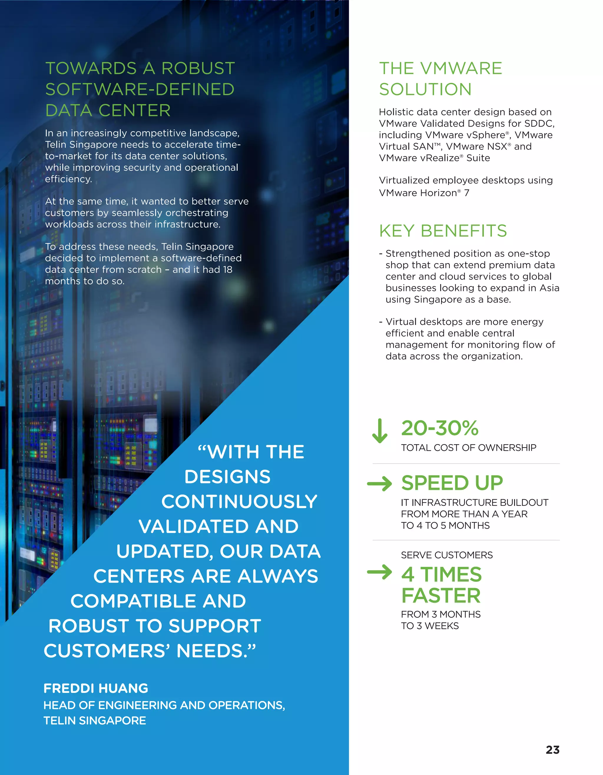 THE VMWARE
SOLUTION
Holistic data center design based on
VMware Validated Designs for SDDC,
including VMware vSphere®, VMware
Virtual SAN™, VMware NSX® and
VMware vRealize® Suite
Virtualized employee desktops using
VMware Horizon® 7
KEY BENEFITS
- Strengthened position as one-stop
shop that can extend premium data
center and cloud services to global
businesses looking to expand in Asia
using Singapore as a base.
- Virtual desktops are more energy
efficient and enable central
management for monitoring flow of
data across the organization.
20-30%
TOTAL COST OF OWNERSHIP
SPEED UP
IT INFRASTRUCTURE BUILDOUT
FROM MORE THAN A YEAR
TO 4 TO 5 MONTHS
4 TIMES
FASTER
SERVE CUSTOMERS
FROM 3 MONTHS
TO 3 WEEKS
TOWARDS A ROBUST
SOFTWARE-DEFINED
DATA CENTER
In an increasingly competitive landscape,
Telin Singapore needs to accelerate time-
to-market for its data center solutions,
while improving security and operational
efficiency.
At the same time, it wanted to better serve
customers by seamlessly orchestrating
workloads across their infrastructure.
To address these needs, Telin Singapore
decided to implement a software-defined
data center from scratch – and it had 18
months to do so.
“WITH THE
DESIGNS
CONTINUOUSLY
VALIDATED AND
UPDATED, OUR DATA
CENTERS ARE ALWAYS
COMPATIBLE AND
ROBUST TO SUPPORT
CUSTOMERS’ NEEDS.”
FREDDI HUANG
HEAD OF ENGINEERING AND OPERATIONS,
TELIN SINGAPORE
23
 