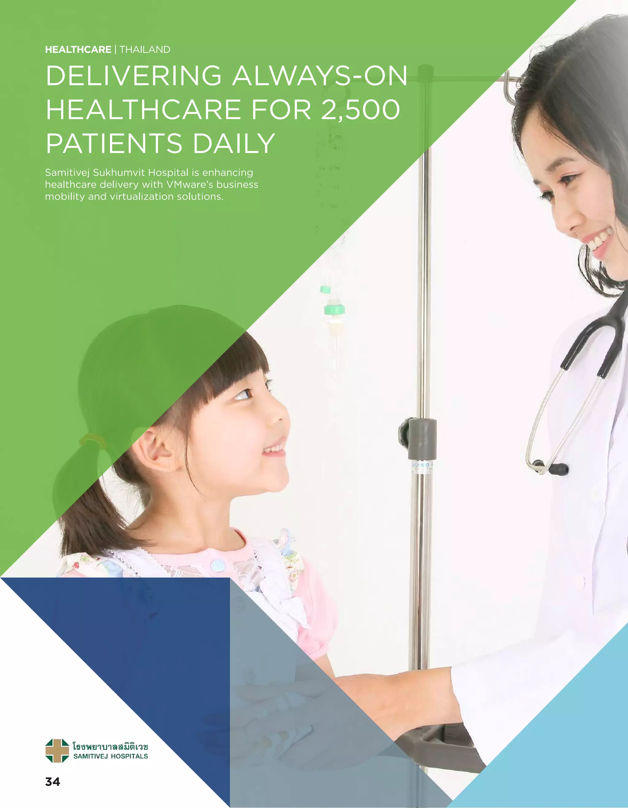 DELIVERING ALWAYS-ON
HEALTHCARE FOR 2,500
PATIENTS DAILY
Samitivej Sukhumvit Hospital is enhancing
healthcare delivery with VMware’s business
mobility and virtualization solutions.
HEALTHCARE | THAILAND
3434
 