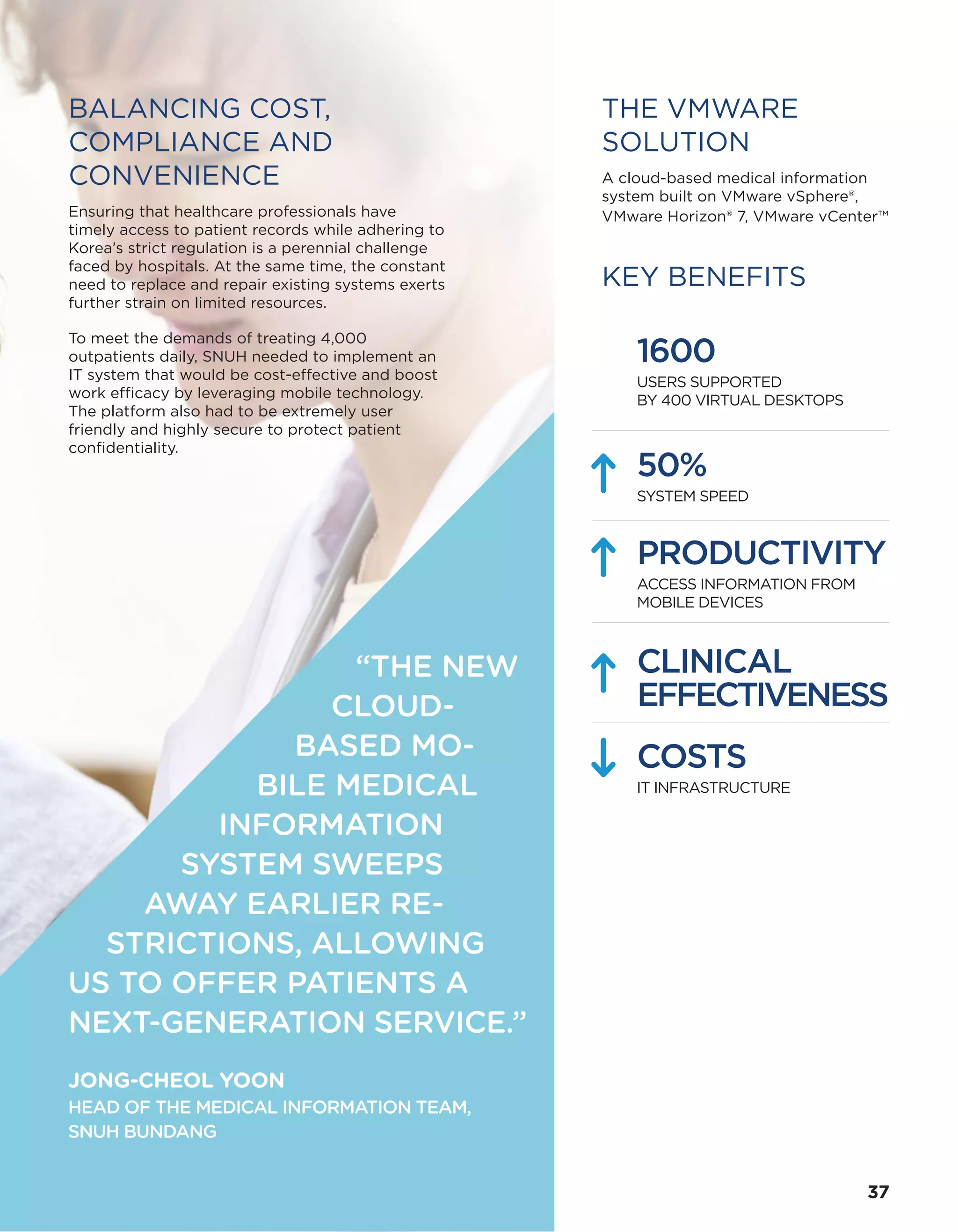 THE VMWARE
SOLUTION
A cloud-based medical information
system built on VMware vSphere®,
VMware Horizon® 7, VMware vCenter™
KEY BENEFITS
1600
USERS SUPPORTED
BY 400 VIRTUAL DESKTOPS
50%
SYSTEM SPEED
COSTS
IT INFRASTRUCTURE
PRODUCTIVITY
ACCESS INFORMATION FROM
MOBILE DEVICES
CLINICAL
EFFECTIVENESS
BALANCING COST,
COMPLIANCE AND
CONVENIENCE
Ensuring that healthcare professionals have
timely access to patient records while adhering to
Korea’s strict regulation is a perennial challenge
faced by hospitals. At the same time, the constant
need to replace and repair existing systems exerts
further strain on limited resources.
To meet the demands of treating 4,000
outpatients daily, SNUH needed to implement an
IT system that would be cost-effective and boost
work efficacy by leveraging mobile technology.
The platform also had to be extremely user
friendly and highly secure to protect patient
confidentiality.
“THE NEW
CLOUD-
BASED MO-
BILE MEDICAL
INFORMATION
SYSTEM SWEEPS
AWAY EARLIER RE-
STRICTIONS, ALLOWING
US TO OFFER PATIENTS A
NEXT-GENERATION SERVICE.”
JONG-CHEOL YOON
HEAD OF THE MEDICAL INFORMATION TEAM,
SNUH BUNDANG
37
 