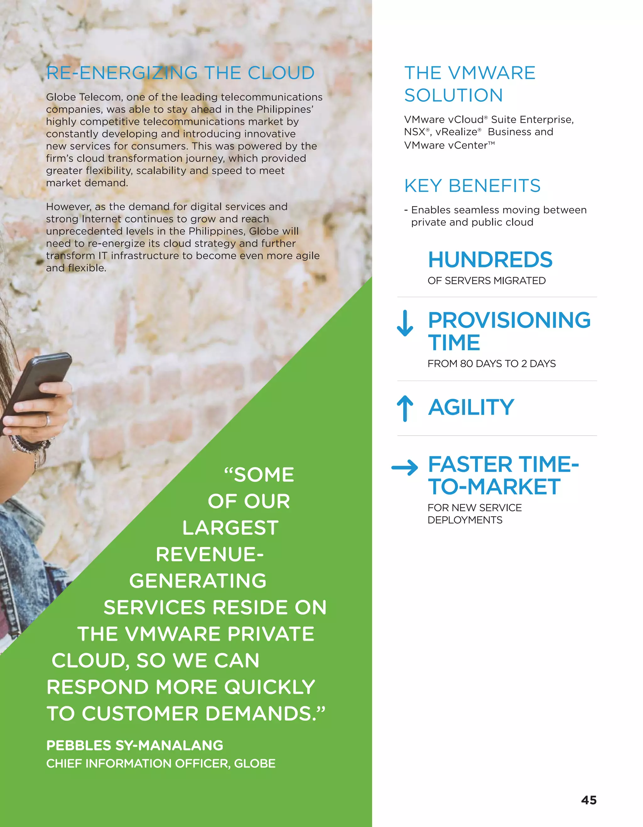 THE VMWARE
SOLUTION
VMware vCloud® Suite Enterprise,
NSX®, vRealize® Business and
VMware vCenter™
KEY BENEFITS
- Enables seamless moving between
private and public cloud
HUNDREDS
OF SERVERS MIGRATED
PROVISIONING
TIME
FROM 80 DAYS TO 2 DAYS
AGILITY
FASTER TIME-
TO-MARKET
FOR NEW SERVICE
DEPLOYMENTS
RE-ENERGIZING THE CLOUD
Globe Telecom, one of the leading telecommunications
companies, was able to stay ahead in the Philippines’
highly competitive telecommunications market by
constantly developing and introducing innovative
new services for consumers. This was powered by the
firm’s cloud transformation journey, which provided
greater flexibility, scalability and speed to meet
market demand.
However, as the demand for digital services and
strong Internet continues to grow and reach
unprecedented levels in the Philippines, Globe will
need to re-energize its cloud strategy and further
transform IT infrastructure to become even more agile
and flexible.
“SOME
OF OUR
LARGEST
REVENUE-
GENERATING
SERVICES RESIDE ON
THE VMWARE PRIVATE
CLOUD, SO WE CAN
RESPOND MORE QUICKLY
TO CUSTOMER DEMANDS.”
PEBBLES SY-MANALANG
CHIEF INFORMATION OFFICER, GLOBE
45
 