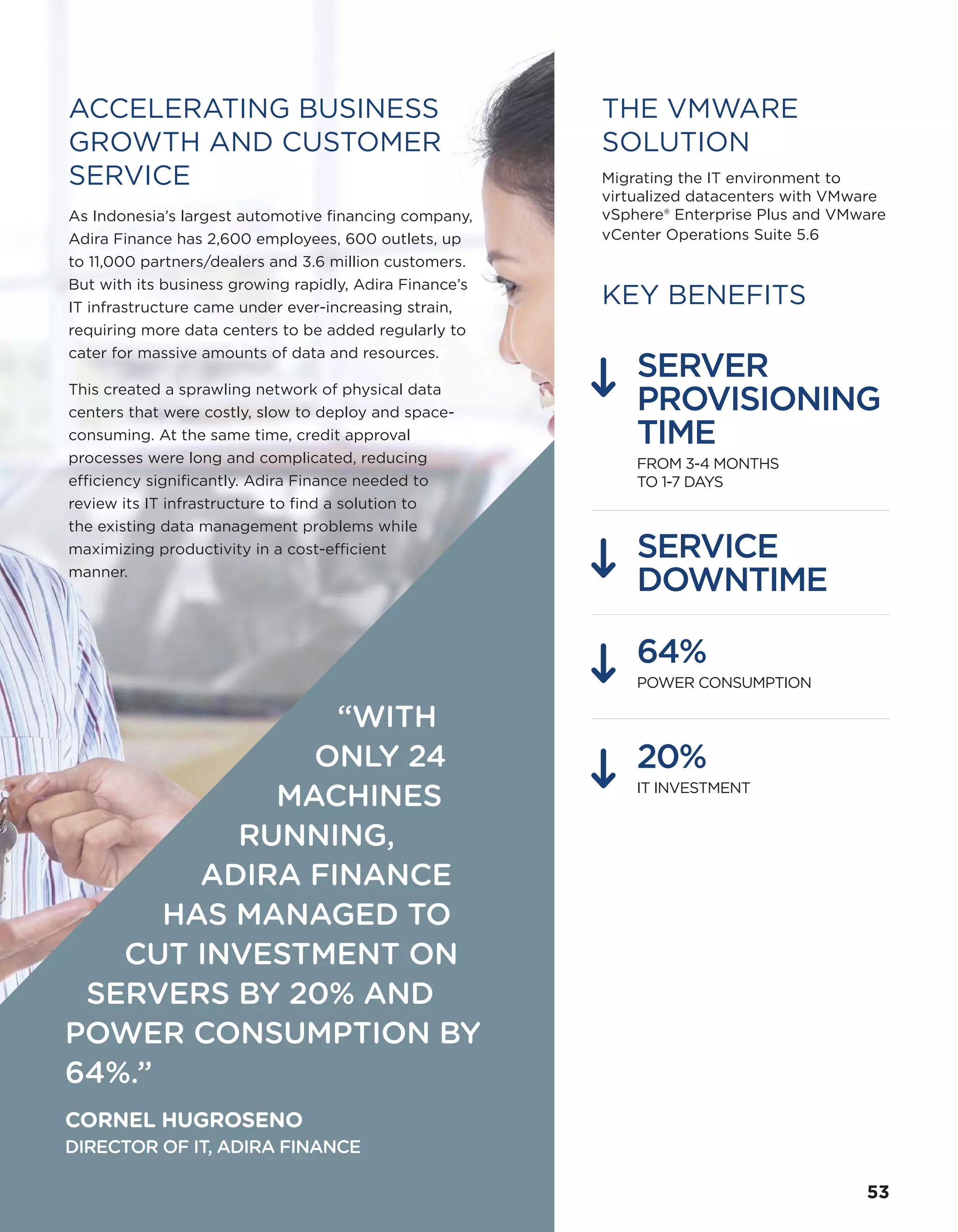 THE VMWARE
SOLUTION
Migrating the IT environment to
virtualized datacenters with VMware
vSphere® Enterprise Plus and VMware
vCenter Operations Suite 5.6
KEY BENEFITS
SERVER
PROVISIONING
TIME
FROM 3-4 MONTHS
TO 1-7 DAYS
SERVICE
DOWNTIME
64%
POWER CONSUMPTION
20%
IT INVESTMENT
ACCELERATING BUSINESS
GROWTH AND CUSTOMER
SERVICE
As Indonesia’s largest automotive financing company,
Adira Finance has 2,600 employees, 600 outlets, up
to 11,000 partners/dealers and 3.6 million customers.
But with its business growing rapidly, Adira Finance’s
IT infrastructure came under ever-increasing strain,
requiring more data centers to be added regularly to
cater for massive amounts of data and resources.
This created a sprawling network of physical data
centers that were costly, slow to deploy and space-
consuming. At the same time, credit approval
processes were long and complicated, reducing
efficiency significantly. Adira Finance needed to
review its IT infrastructure to find a solution to
the existing data management problems while
maximizing productivity in a cost-efficient
manner.
“WITH
ONLY 24
MACHINES
RUNNING,
ADIRA FINANCE
HAS MANAGED TO
CUT INVESTMENT ON
SERVERS BY 20% AND
POWER CONSUMPTION BY
64%.”
CORNEL HUGROSENO
DIRECTOR OF IT, ADIRA FINANCE
53
 