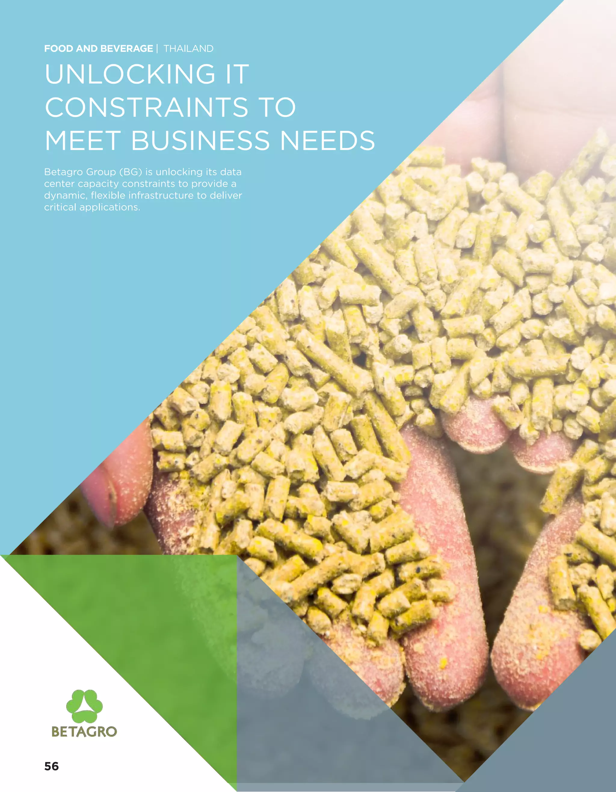 UNLOCKING IT
CONSTRAINTS TO
MEET BUSINESS NEEDS
Betagro Group (BG) is unlocking its data
center capacity constraints to provide a
dynamic, flexible infrastructure to deliver
critical applications.
FOOD AND BEVERAGE | THAILAND
56
 